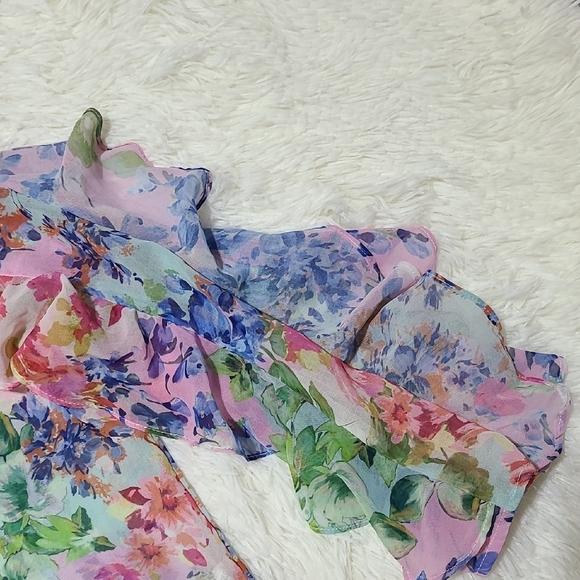 ZARA Women's Floral Chiffon Blouse - Pink and Green - Size Large - Picture 4 of 15